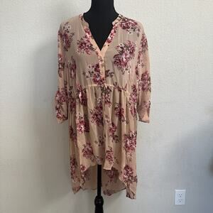 Torrid Tunic 0X Plus Blouse Floral Sheer Chiffon Peach Roll Tab Sleeve NWT